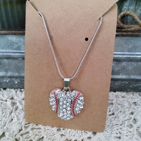 Women's Crystal Baseball Heart Silver Tone Pendant Necklace - Picture 2 of 5